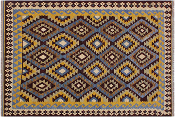 Flat Weave Kilim, Antique, Navaho, Vintage, Handmade, Geometric Kilim Brown Blue Hand-Woven Rectangle 100% Wool Area Rug 6 x 8